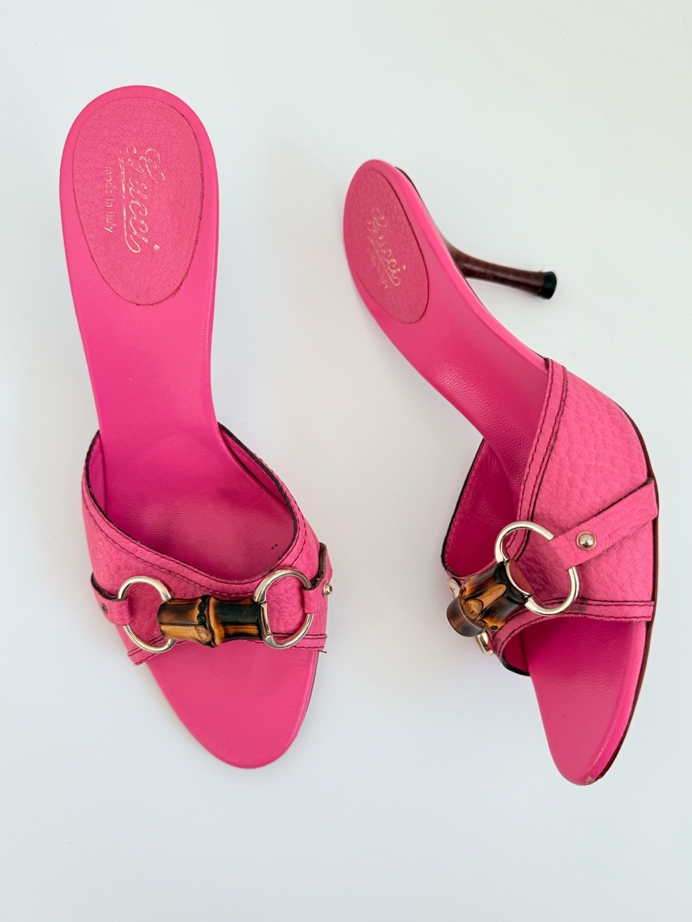 Gucci vintage Pink pebbled leather bamboo horsebit Tom Ford era mules heels 7.5